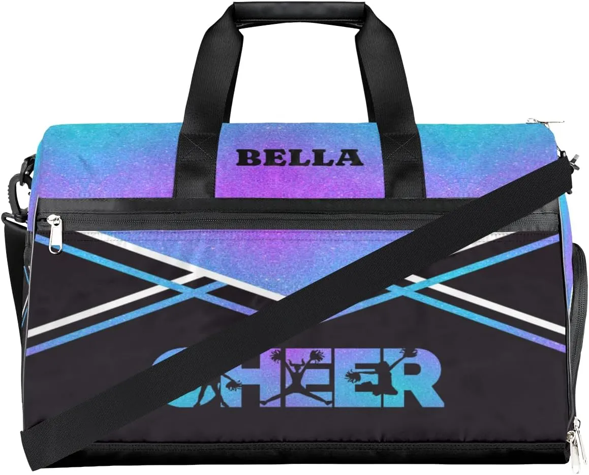 Personalized Cheerleader Bag Dance Bag for Girl Woman, Custom Gym Bag Sport Duffel Bag with Shoes Compartment Purple Blue Glitter