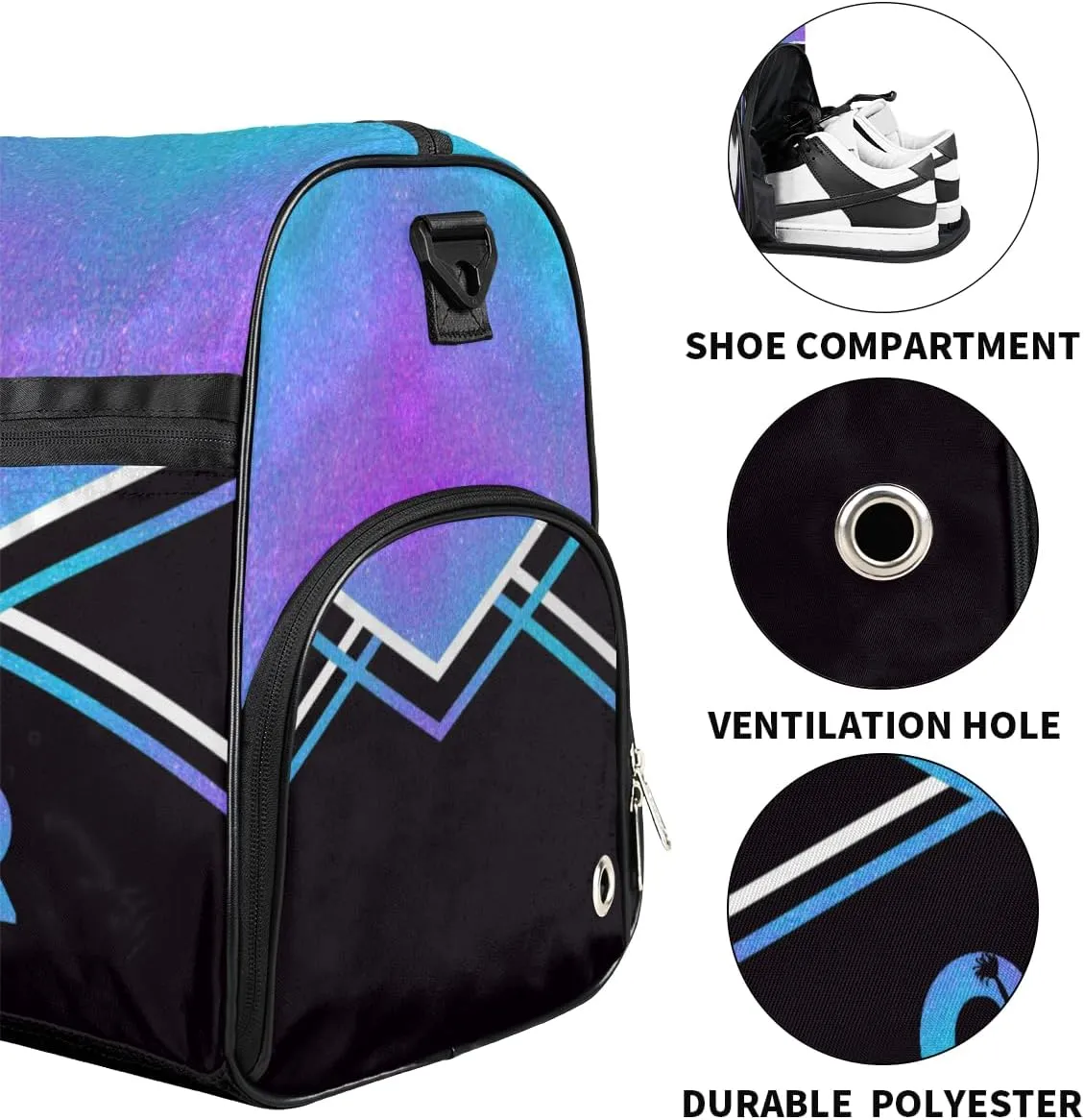 Personalized Cheerleader Bag Dance Bag for Girl Woman, Custom Gym Bag Sport Duffel Bag with Shoes Compartment Purple Blue Glitter