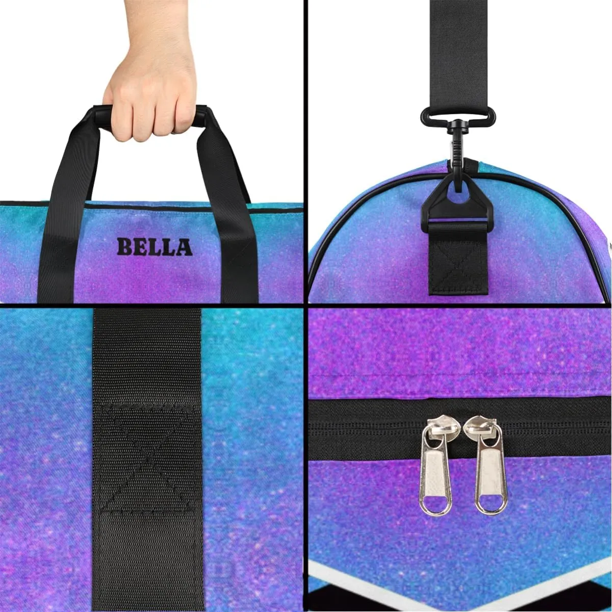 Personalized Cheerleader Bag Dance Bag for Girl Woman, Custom Gym Bag Sport Duffel Bag with Shoes Compartment Purple Blue Glitter
