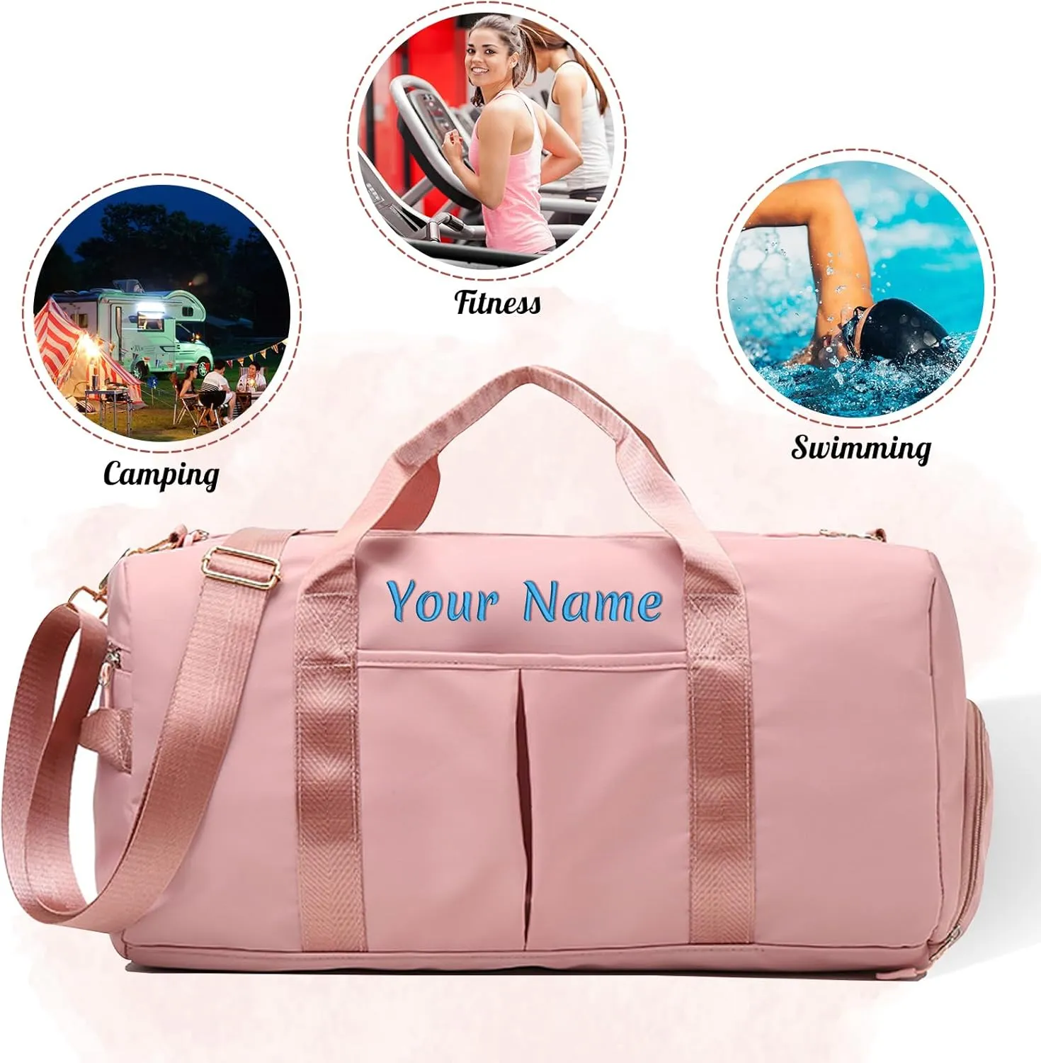 Personalized Duffel Bag, Custom Name Embroidered Gym Bag, Sports Bag with Wet and Dry Pocket & Shoe Compartment, Overnight Excursion Bag, Weekend Travel Bag, Dance & Yoga Bag (Baby Blue)