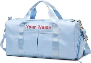 Personalized Duffel Bag, Custom Name Embroidered Gym Bag, Sports Bag with Wet and Dry Pocket & Shoe Compartment, Overnight Excursion Bag, Weekend Travel Bag, Dance & Yoga Bag (Baby Blue)