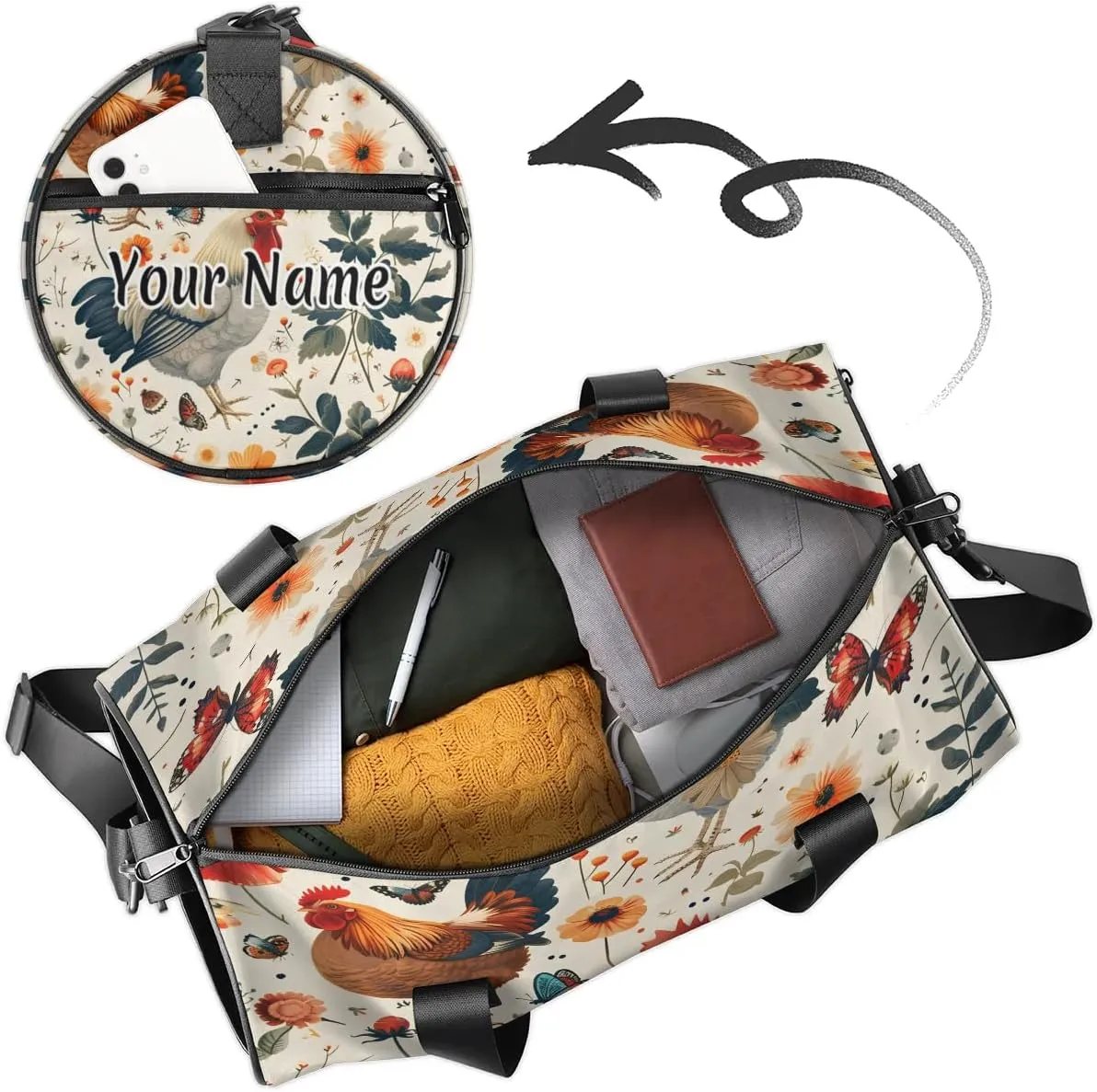 Personalized Duffel Bag for Women, Custom Farmhouse Chicken Gym Bag for Sports, Waterproof Dance Bag with Name, Lightweight Carryon Gym Bag, Animals Farm