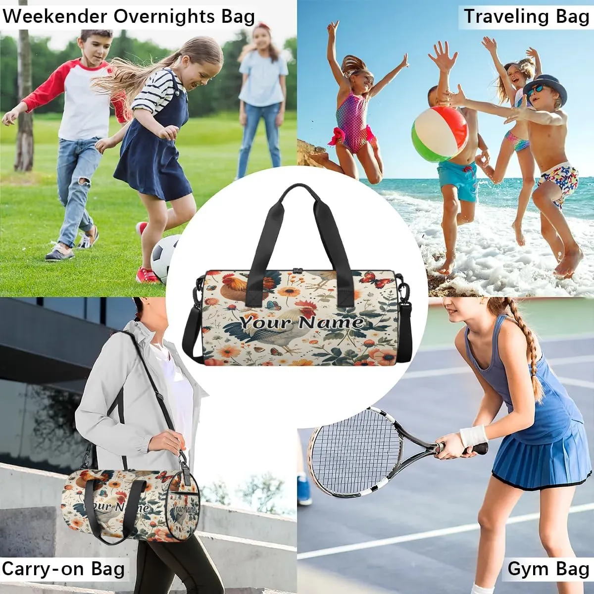 Personalized Duffel Bag for Women, Custom Farmhouse Chicken Gym Bag for Sports, Waterproof Dance Bag with Name, Lightweight Carryon Gym Bag, Animals Farm