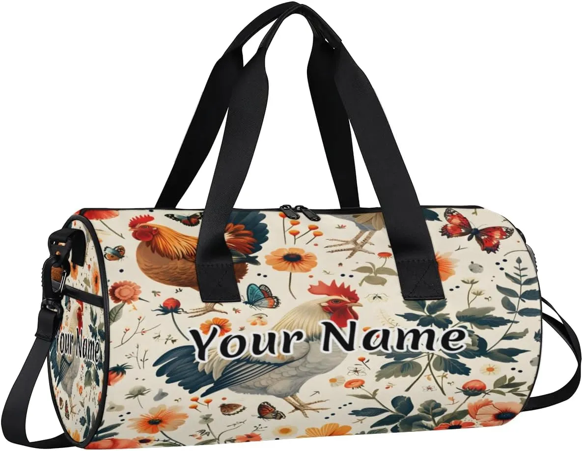 Personalized Duffel Bag for Women, Custom Farmhouse Chicken Gym Bag for Sports, Waterproof Dance Bag with Name, Lightweight Carryon Gym Bag, Animals Farm