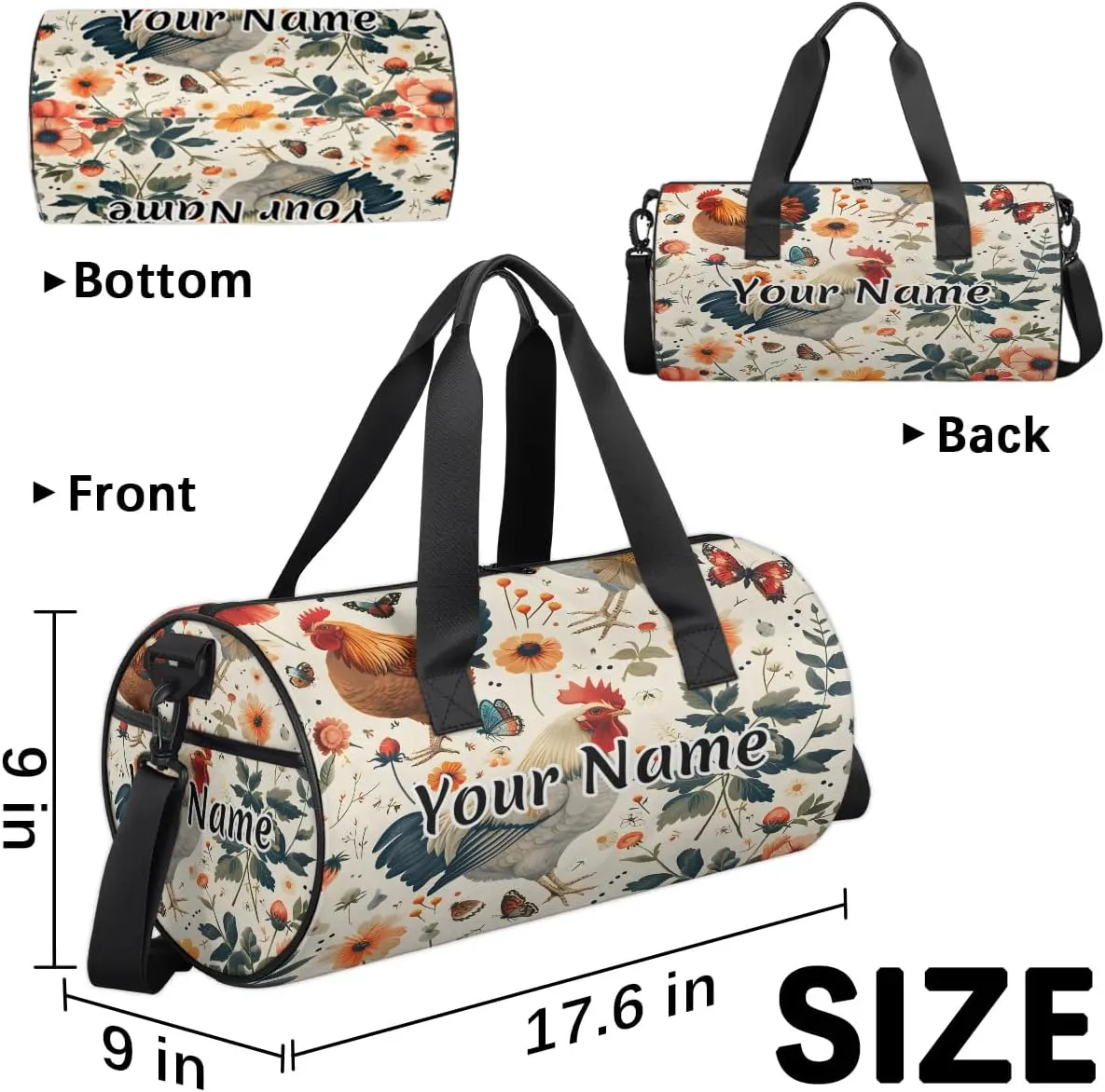 Personalized Duffel Bag for Women, Custom Farmhouse Chicken Gym Bag for Sports, Waterproof Dance Bag with Name, Lightweight Carryon Gym Bag, Animals Farm