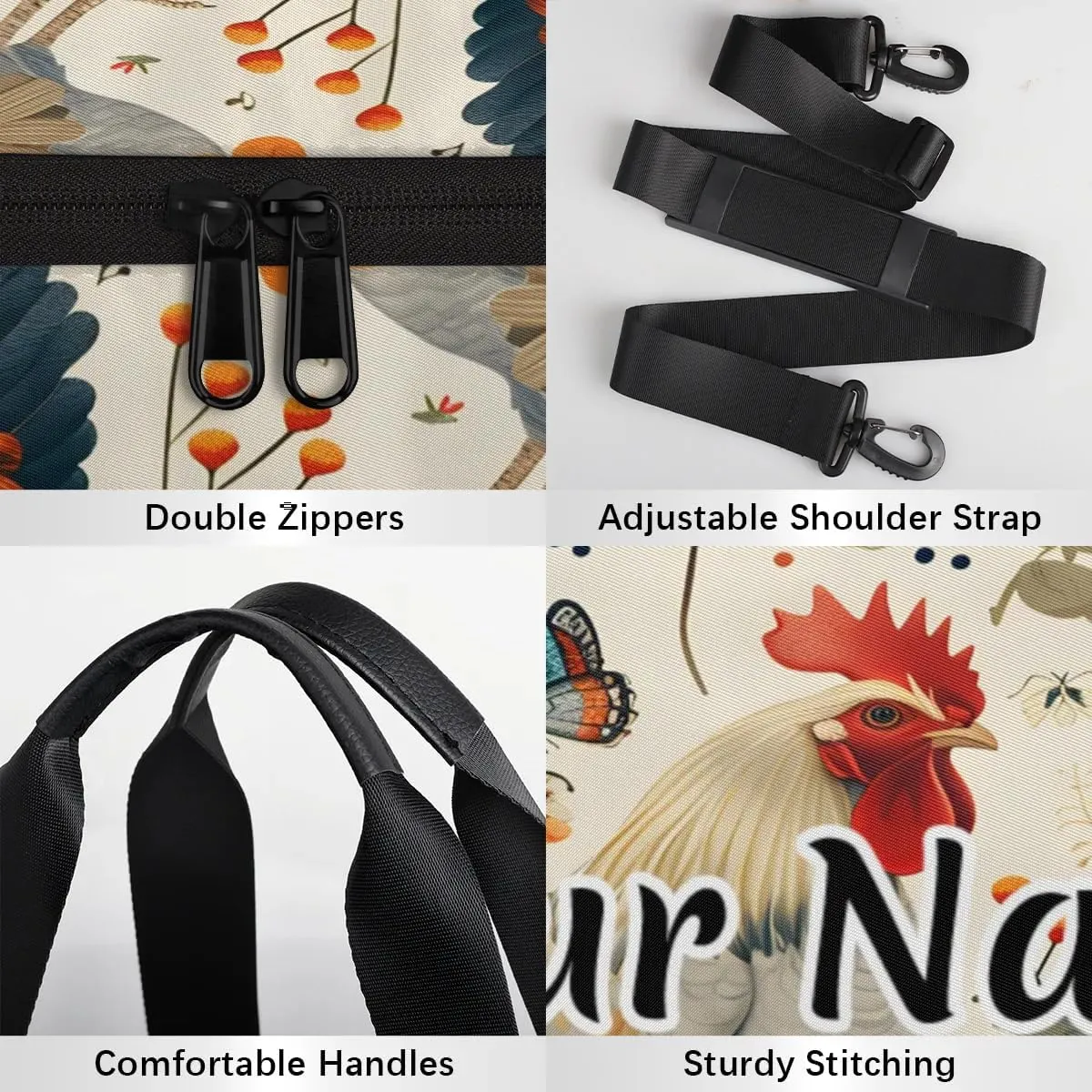 Personalized Duffel Bag for Women, Custom Farmhouse Chicken Gym Bag for Sports, Waterproof Dance Bag with Name, Lightweight Carryon Gym Bag, Animals Farm