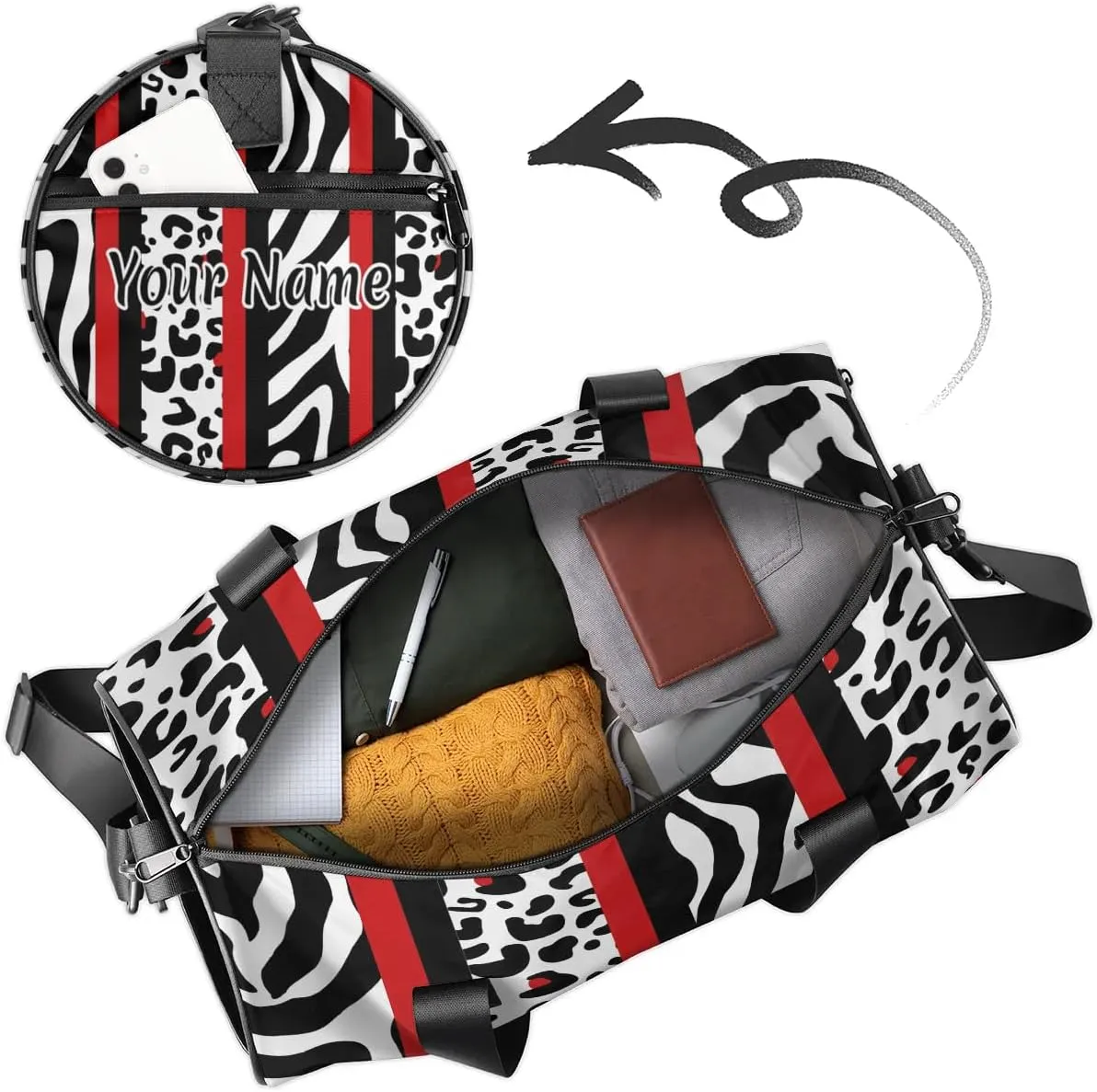 Personalized Duffel Bag for Women, Custom Leopard Print Gym Bag for Sports, Waterproof Dance Bag with Name, Lightweight Carryon Gym Bag, Zebra Print