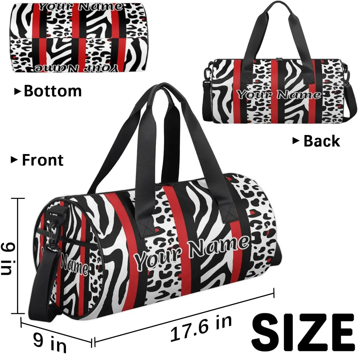 Personalized Duffel Bag for Women, Custom Leopard Print Gym Bag for Sports, Waterproof Dance Bag with Name, Lightweight Carryon Gym Bag, Zebra Print