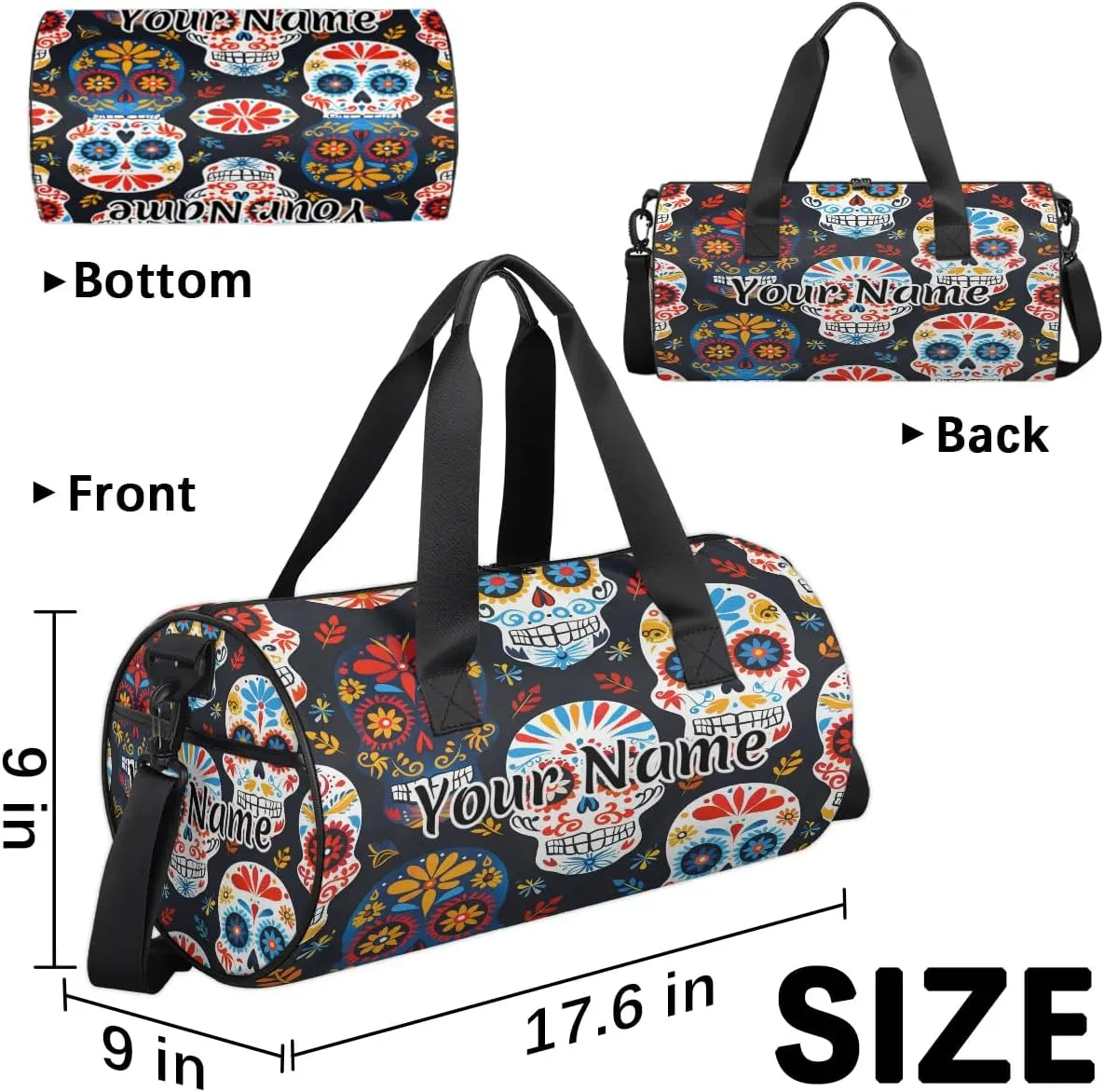 Personalized Duffel Bag for Women, Custom Sugar Skull Gym Bag for Sports, Waterproof Dance Bag with Name, Lightweight Carryon Gym Bag, Gothic Rose Flower Skull