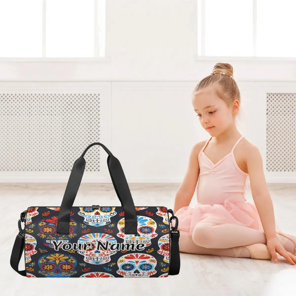 Personalized Duffel Bag for Women, Custom Sugar Skull Gym Bag for Sports, Waterproof Dance Bag with Name, Lightweight Carryon Gym Bag, Gothic Rose Flower Skull