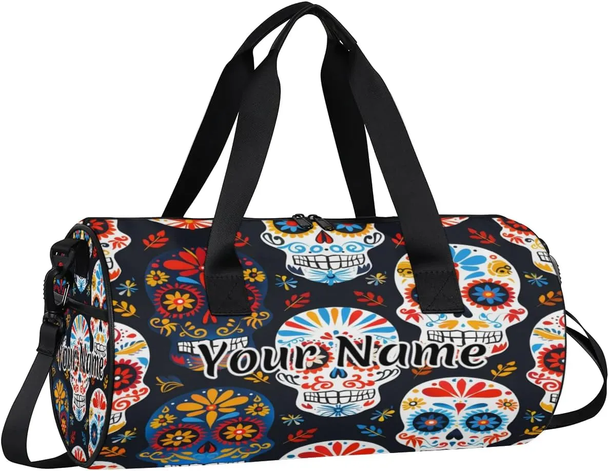 Personalized Duffel Bag for Women, Custom Sugar Skull Gym Bag for Sports, Waterproof Dance Bag with Name, Lightweight Carryon Gym Bag, Gothic Rose Flower Skull