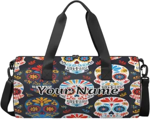 Personalized Duffel Bag for Women, Custom Sugar Skull Gym Bag for Sports, Waterproof Dance Bag with Name, Lightweight Carryon Gym Bag, Gothic Rose Flower Skull