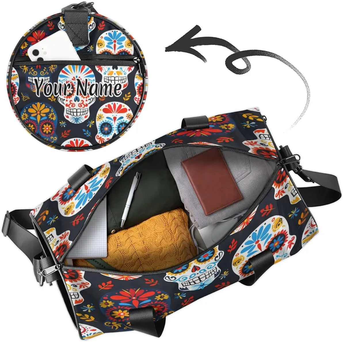 Personalized Duffel Bag for Women, Custom Sugar Skull Gym Bag for Sports, Waterproof Dance Bag with Name, Lightweight Carryon Gym Bag, Gothic Rose Flower Skull