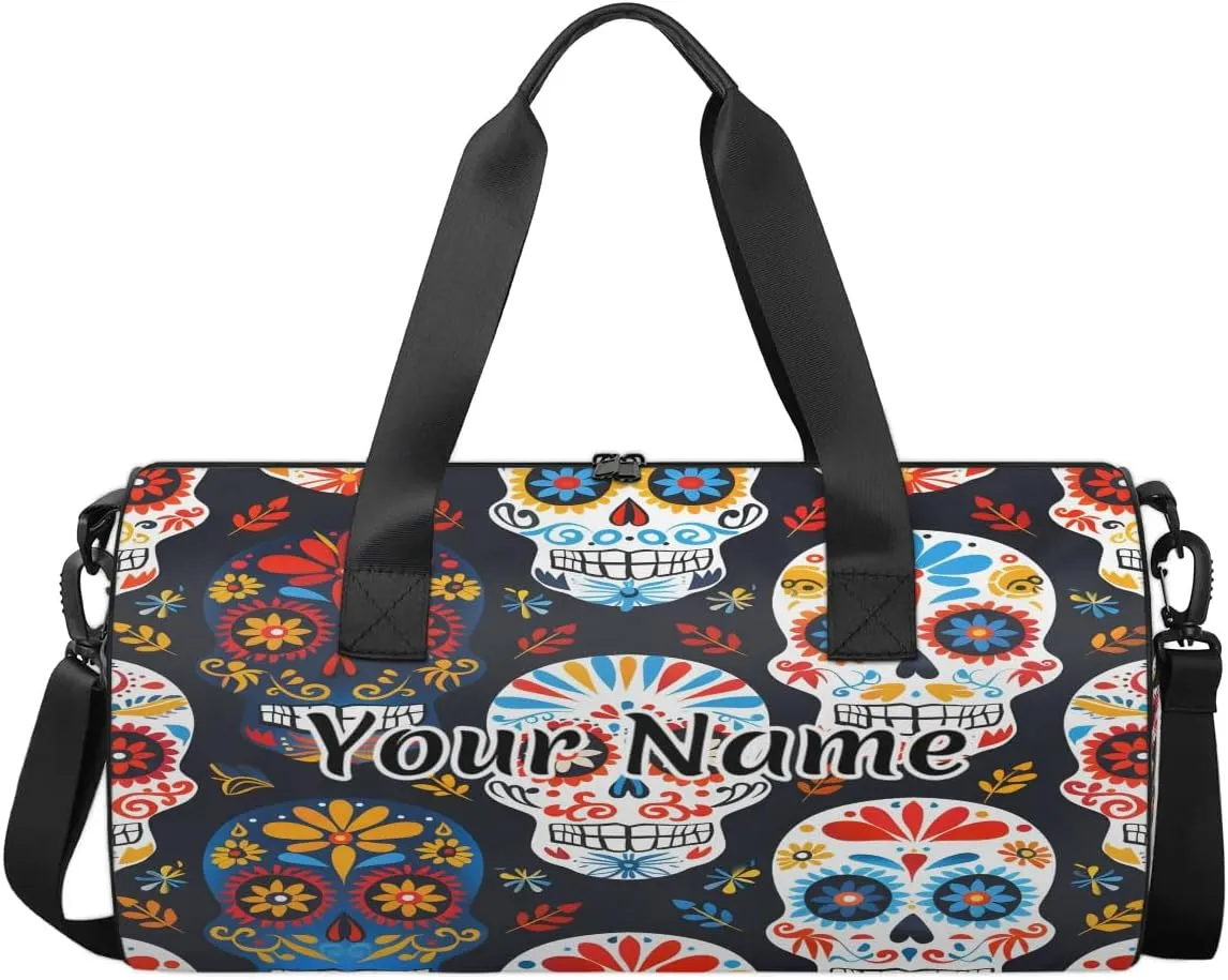 Personalized Duffel Bag for Women, Custom Sugar Skull Gym Bag for Sports, Waterproof Dance Bag with Name, Lightweight Carryon Gym Bag, Gothic Rose Flower Skull