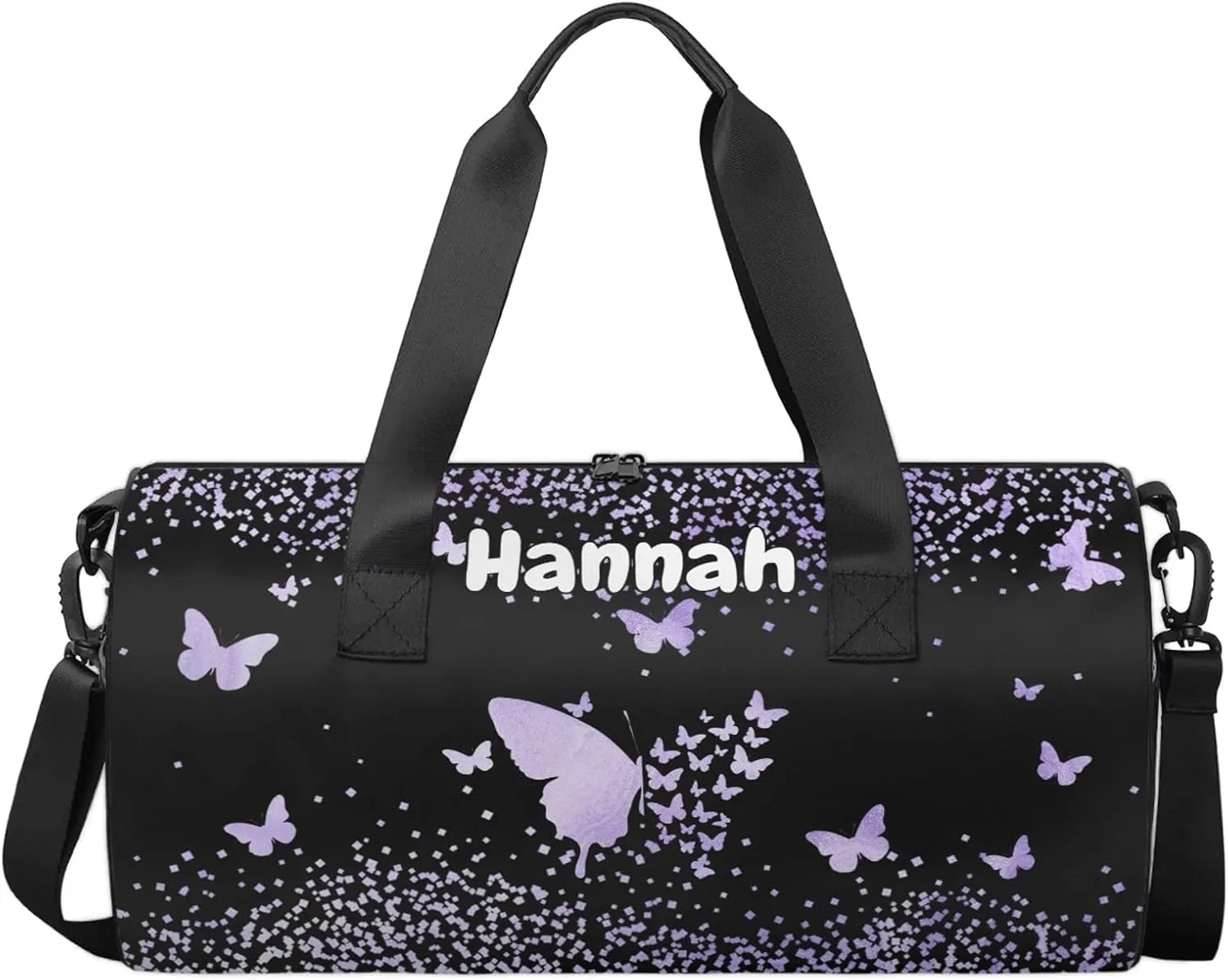 Personalized Duffel Bag with Name Butterfly Custom Travel Sports Bag for Women Men Round Waterproof Dance Ballet Bag Lightweight 17.6in, Purple Fluid Glitter