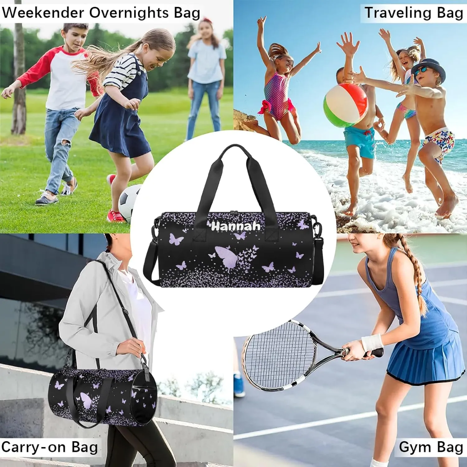 Personalized Duffel Bag with Name Butterfly Custom Travel Sports Bag for Women Men Round Waterproof Dance Ballet Bag Lightweight 17.6in, Purple Fluid Glitter