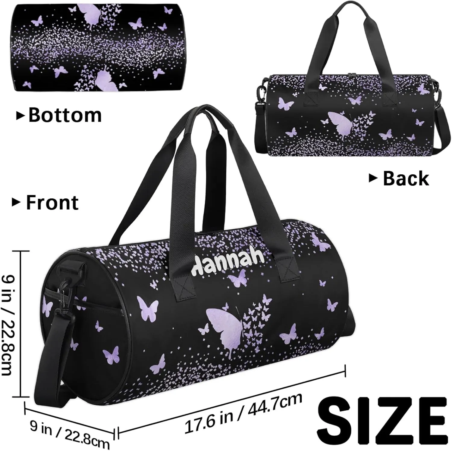 Personalized Duffel Bag with Name Butterfly Custom Travel Sports Bag for Women Men Round Waterproof Dance Ballet Bag Lightweight 17.6in, Purple Fluid Glitter
