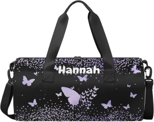 Personalized Duffel Bag with Name Butterfly Custom Travel Sports Bag for Women Men Round Waterproof Dance Ballet Bag Lightweight 17.6in, Purple Fluid Glitter