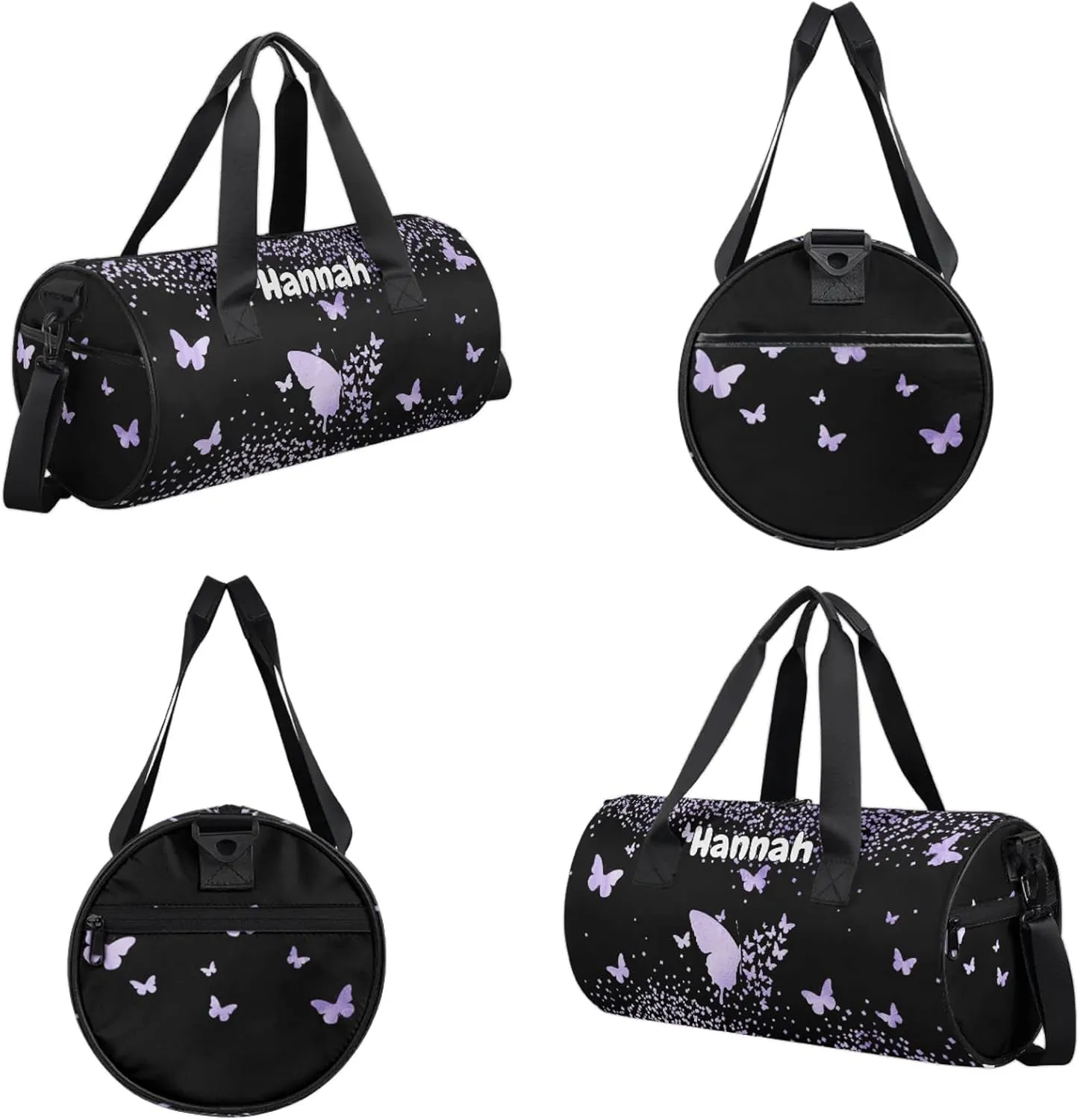 Personalized Duffel Bag with Name Butterfly Custom Travel Sports Bag for Women Men Round Waterproof Dance Ballet Bag Lightweight 17.6in, Purple Fluid Glitter