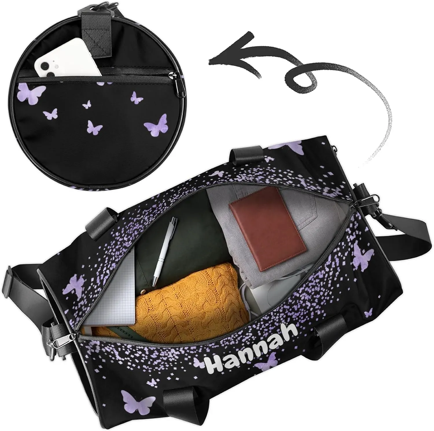 Personalized Duffel Bag with Name Butterfly Custom Travel Sports Bag for Women Men Round Waterproof Dance Ballet Bag Lightweight 17.6in, Purple Fluid Glitter