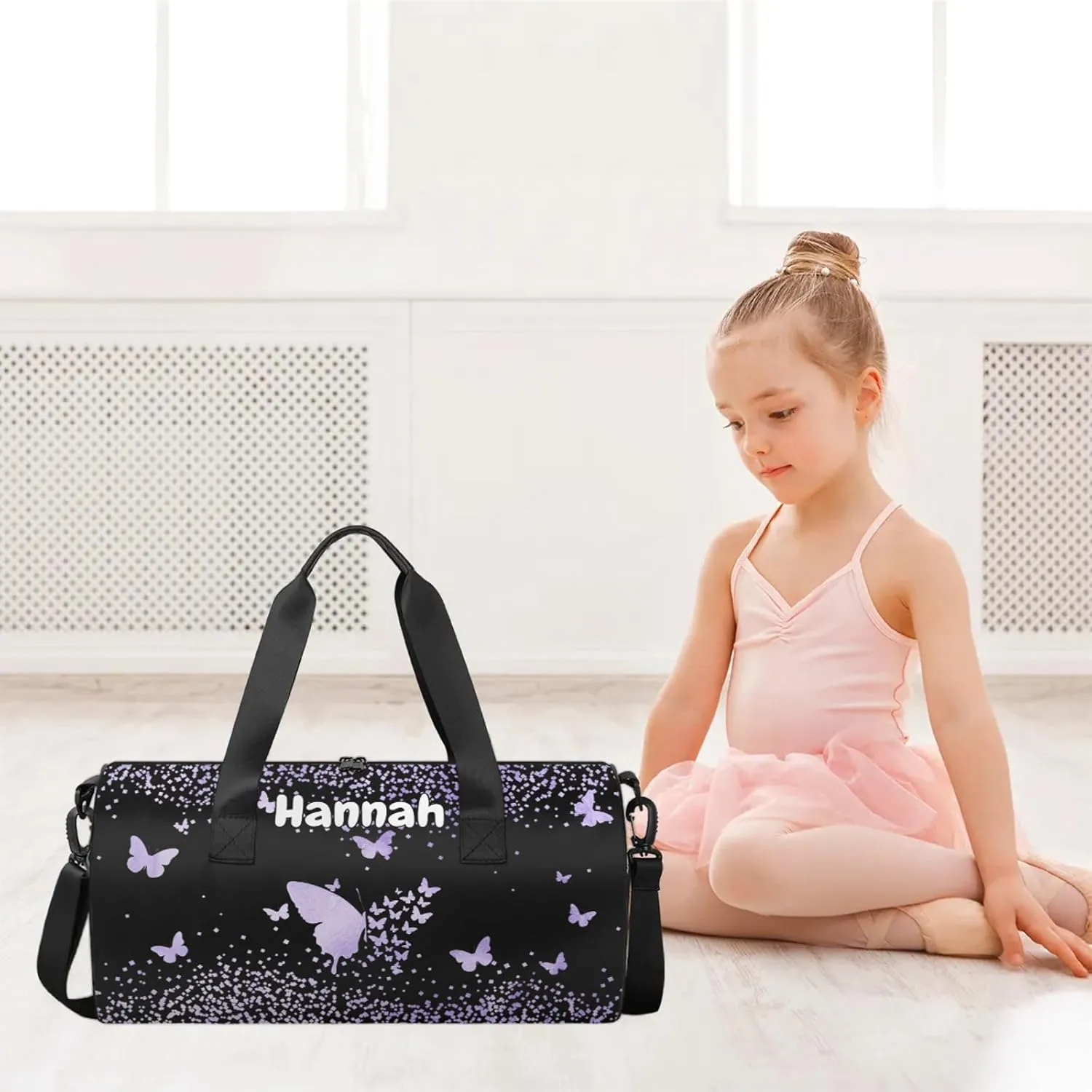 Personalized Duffel Bag with Name Butterfly Custom Travel Sports Bag for Women Men Round Waterproof Dance Ballet Bag Lightweight 17.6in, Purple Fluid Glitter