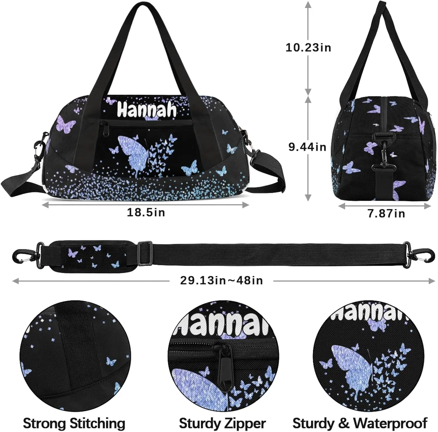 Personalized Duffel Bag with Name Butterfly Custom Travel Sports Bag for Women Men Waterproof Dance Ballet Bag Lightweight 18.5in, Gradient Blue