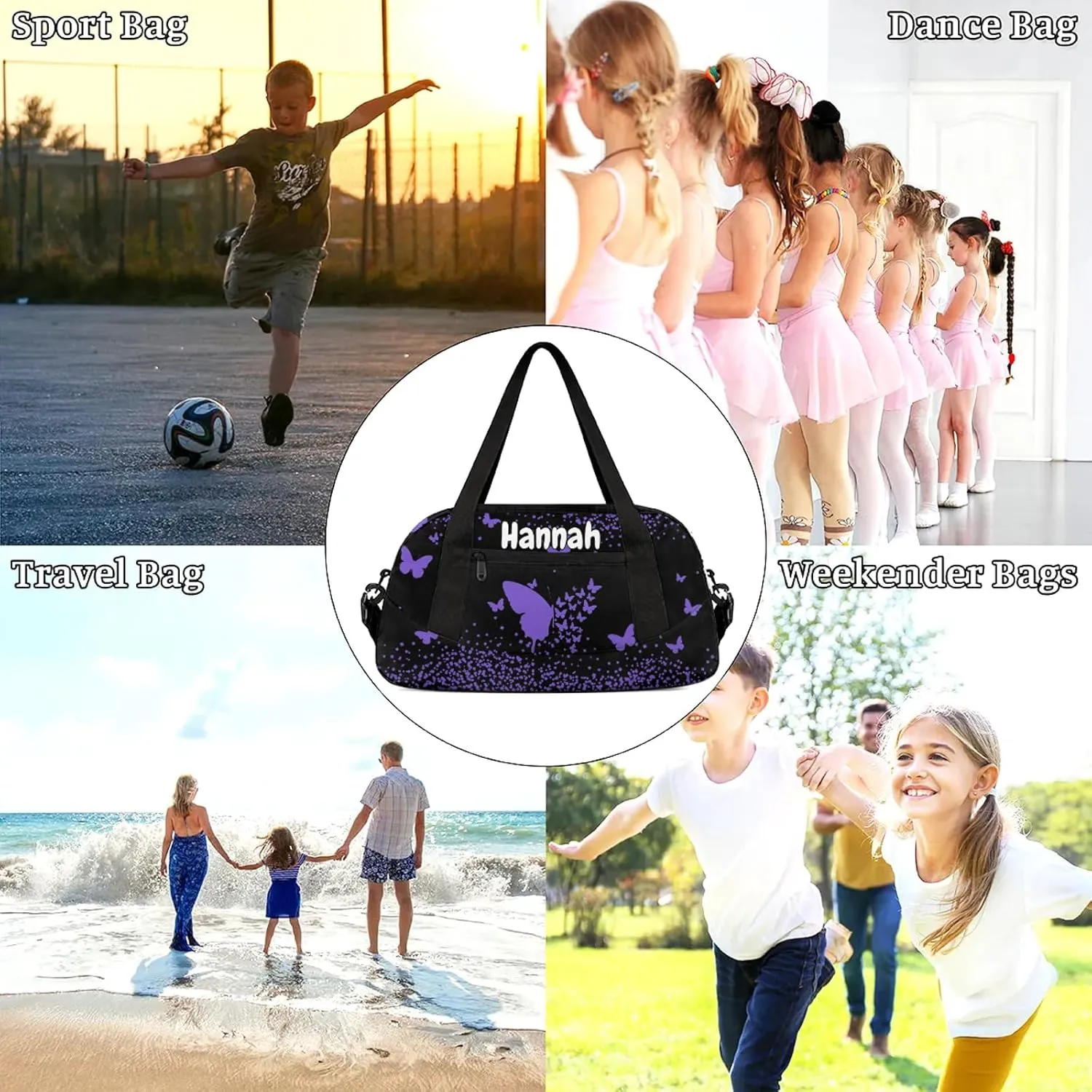 Personalized Duffel Bag with Name Butterfly Custom Travel Sports Bag for Women Men Waterproof Dance Ballet Bag Lightweight 18.5in, Purple