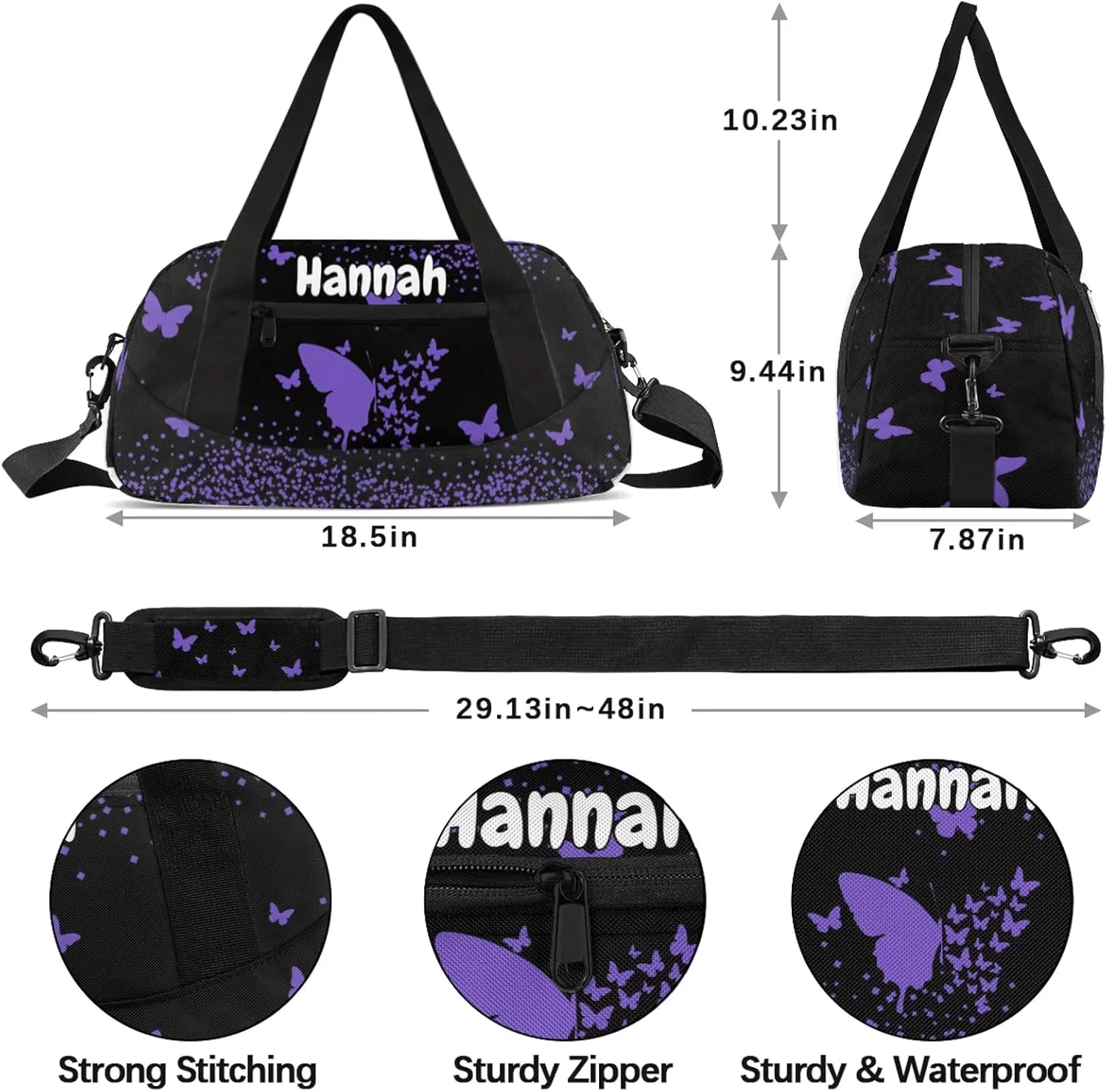 Personalized Duffel Bag with Name Butterfly Custom Travel Sports Bag for Women Men Waterproof Dance Ballet Bag Lightweight 18.5in, Purple