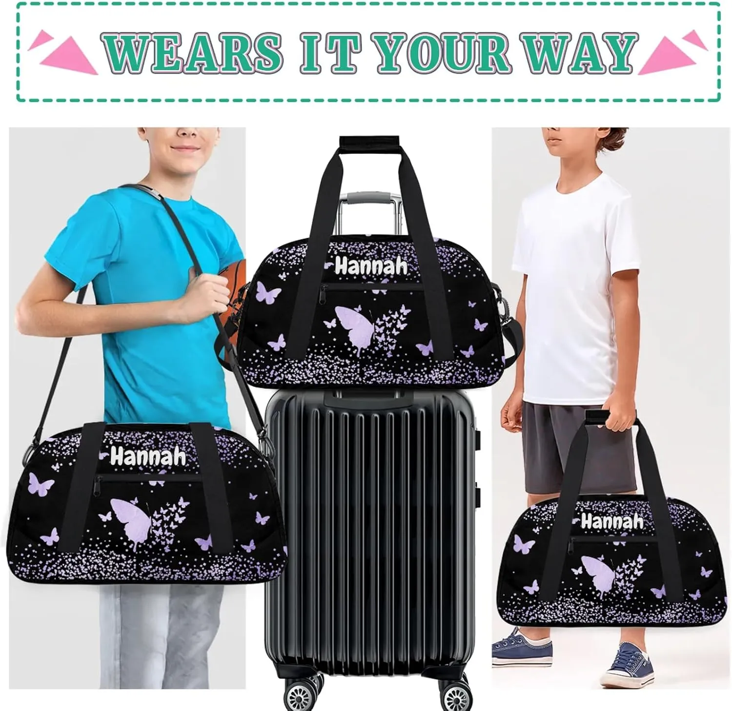 Personalized Duffel Bag with Name Butterfly Custom Travel Sports Bag for Women Men Waterproof Dance Ballet Bag Lightweight 18.9in, Purple Fluid Glitter