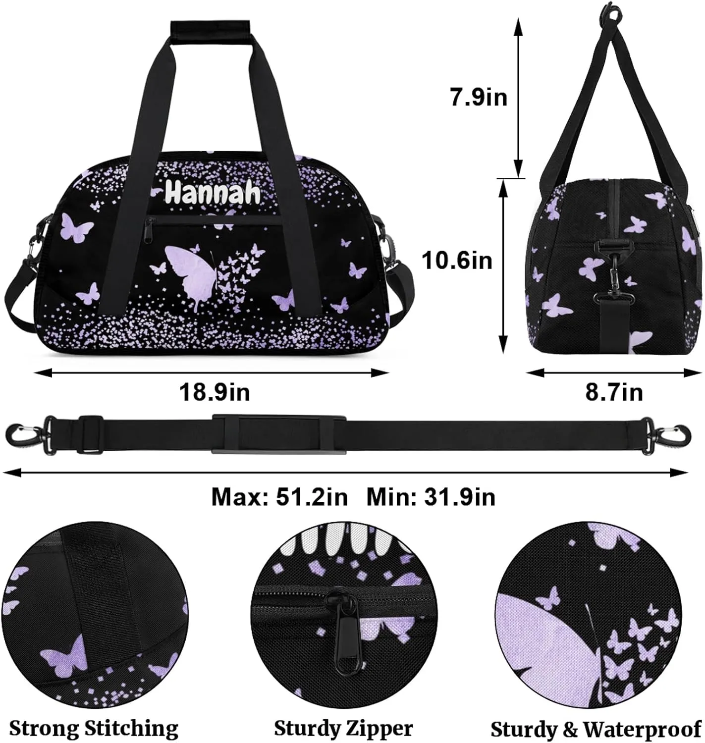 Personalized Duffel Bag with Name Butterfly Custom Travel Sports Bag for Women Men Waterproof Dance Ballet Bag Lightweight 18.9in, Purple Fluid Glitter