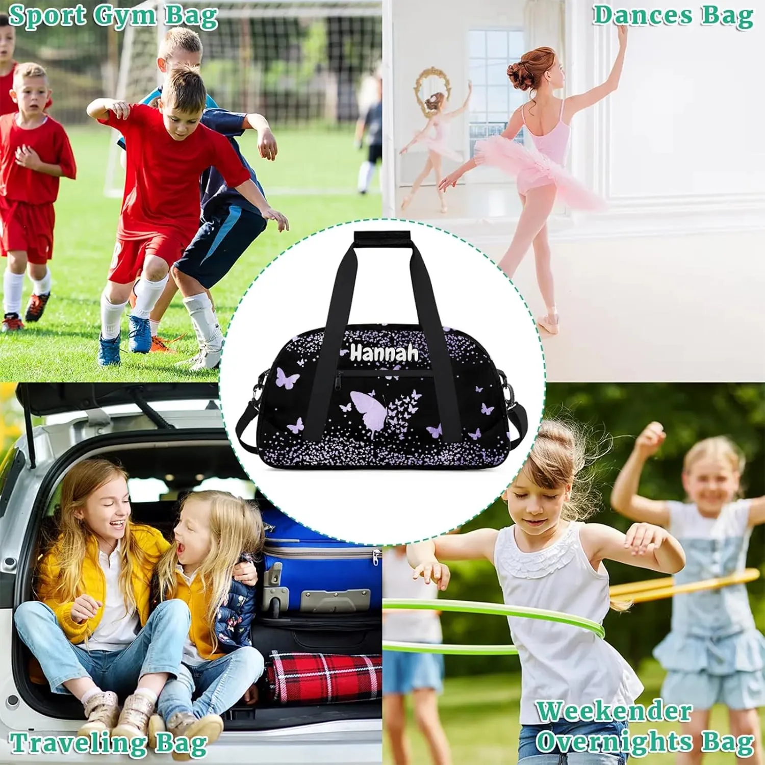 Personalized Duffel Bag with Name Butterfly Custom Travel Sports Bag for Women Men Waterproof Dance Ballet Bag Lightweight 18.9in, Purple Fluid Glitter
