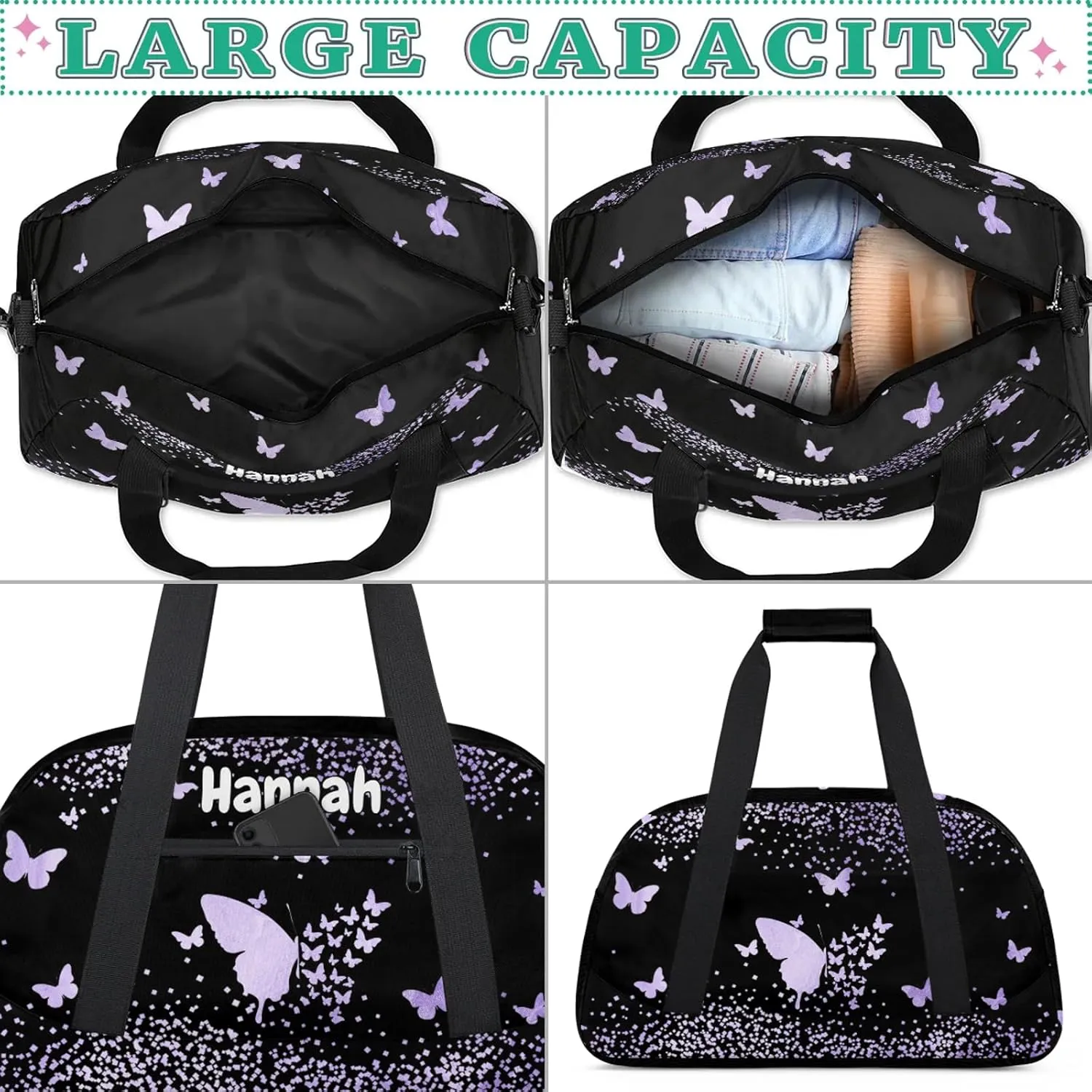 Personalized Duffel Bag with Name Butterfly Custom Travel Sports Bag for Women Men Waterproof Dance Ballet Bag Lightweight 18.9in, Purple Fluid Glitter