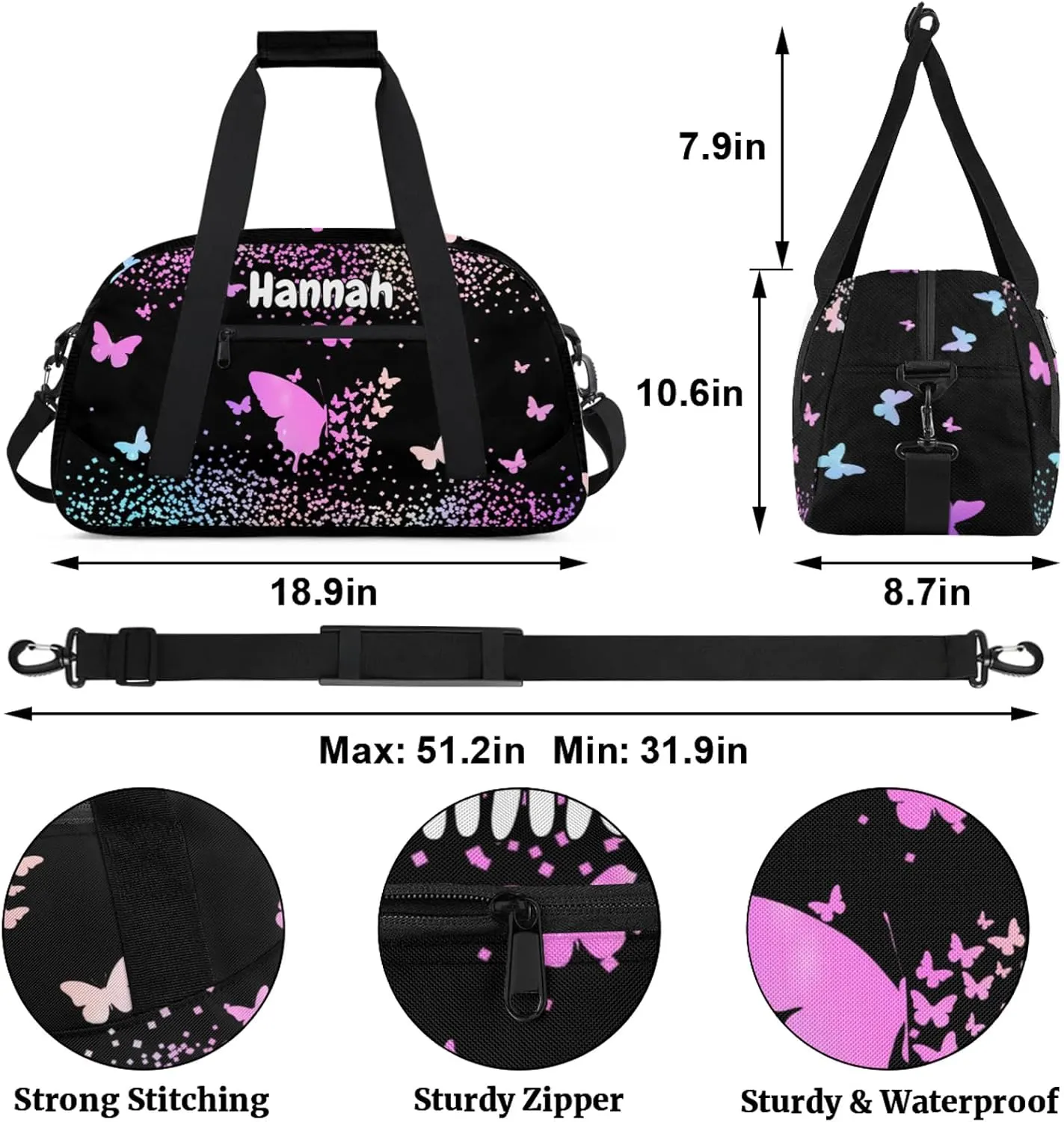 Personalized Duffel Bag with Name Butterfly Custom Travel Sports Bag for Women Men Waterproof Dance Ballet Bag Lightweight 18.9in, Rainbow Sparkly