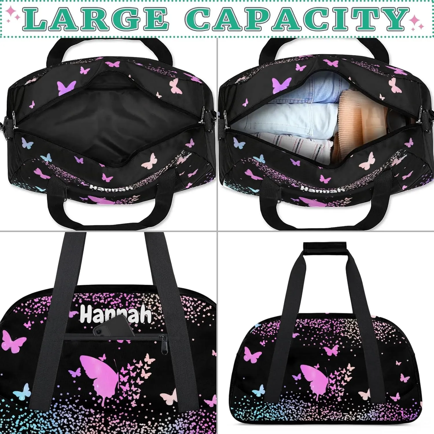 Personalized Duffel Bag with Name Butterfly Custom Travel Sports Bag for Women Men Waterproof Dance Ballet Bag Lightweight 18.9in, Rainbow Sparkly