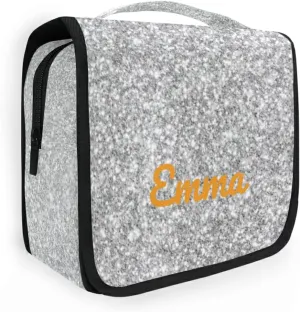 Personalized Hanging Travel Toiletry Bag Cosmetic Makeup Bag Pouch Organizer for Women and Girls Waterproof Silver Glitter