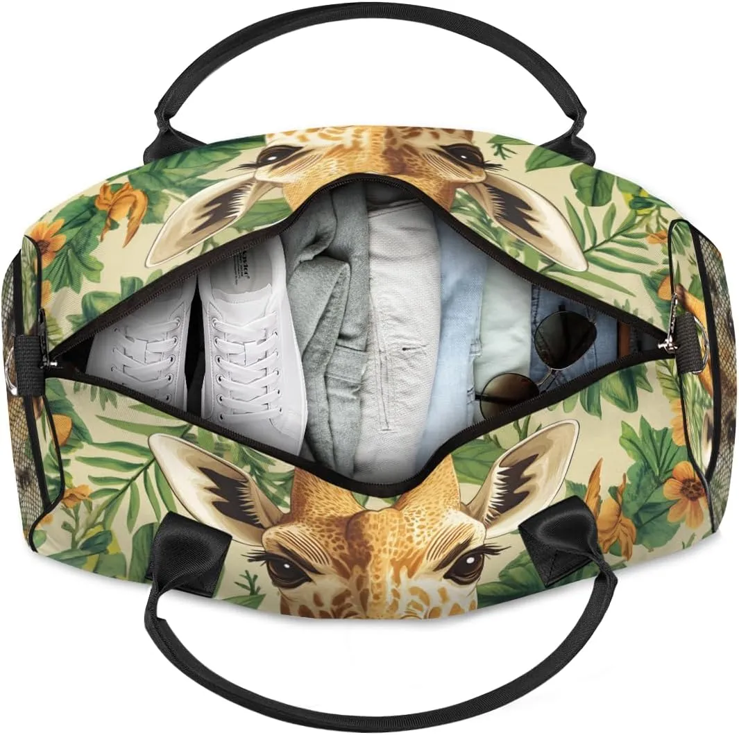 Personalized Jungle Giraffe Travel Duffel Bag with Name, Custom Gym Sport Bag Green Leaves Carry On Weekend Overnight Duffel Bag for Men Women