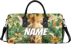 Personalized Jungle Giraffe Travel Duffel Bag with Name, Custom Gym Sport Bag Green Leaves Carry On Weekend Overnight Duffel Bag for Men Women
