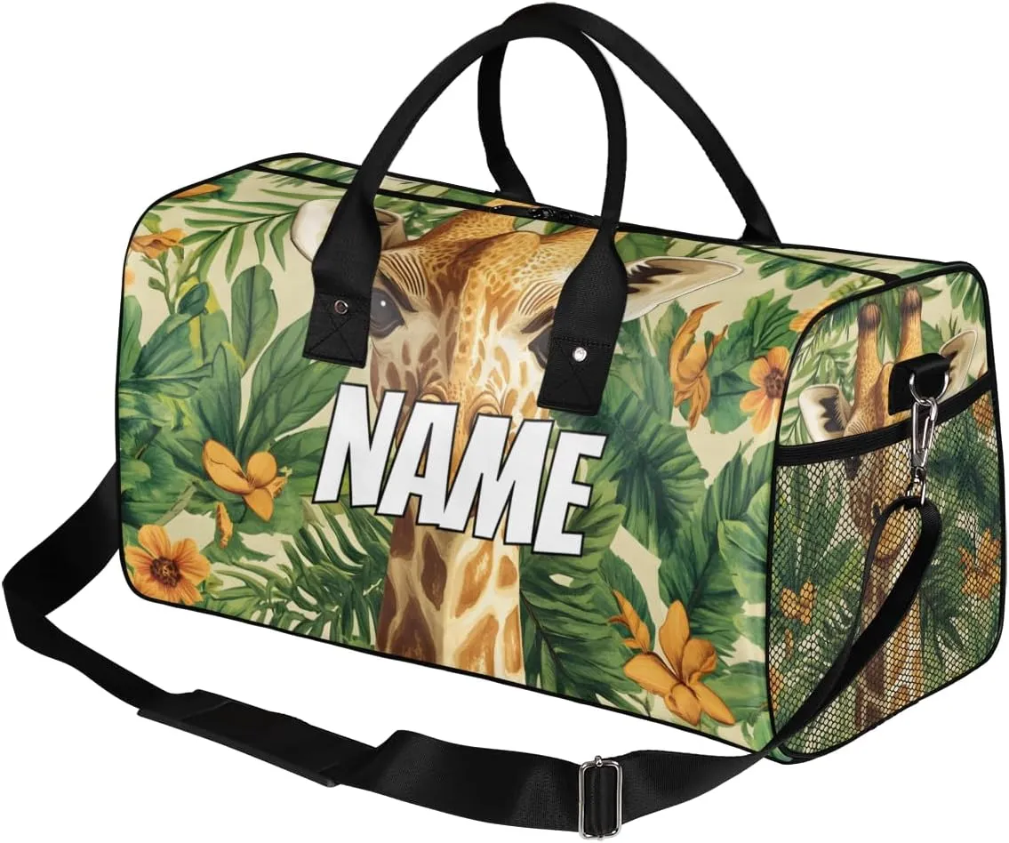 Personalized Jungle Giraffe Travel Duffel Bag with Name, Custom Gym Sport Bag Green Leaves Carry On Weekend Overnight Duffel Bag for Men Women