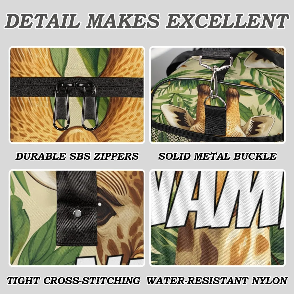 Personalized Jungle Giraffe Travel Duffel Bag with Name, Custom Gym Sport Bag Green Leaves Carry On Weekend Overnight Duffel Bag for Men Women