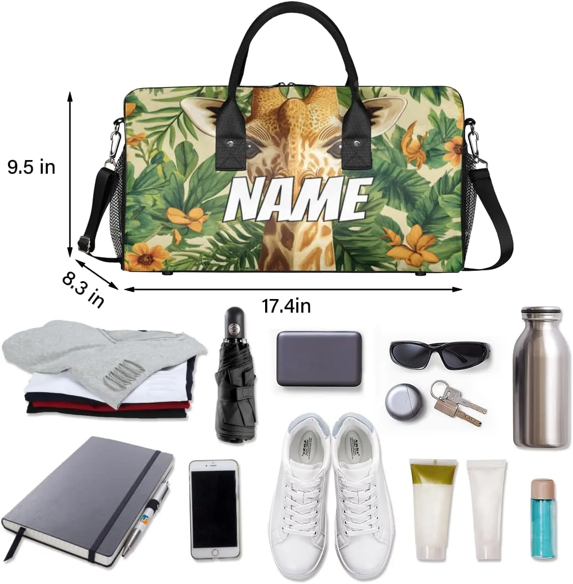 Personalized Jungle Giraffe Travel Duffel Bag with Name, Custom Gym Sport Bag Green Leaves Carry On Weekend Overnight Duffel Bag for Men Women