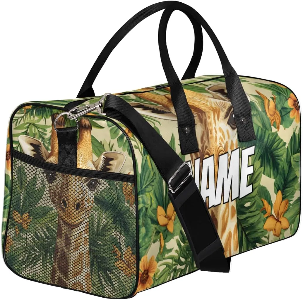 Personalized Jungle Giraffe Travel Duffel Bag with Name, Custom Gym Sport Bag Green Leaves Carry On Weekend Overnight Duffel Bag for Men Women