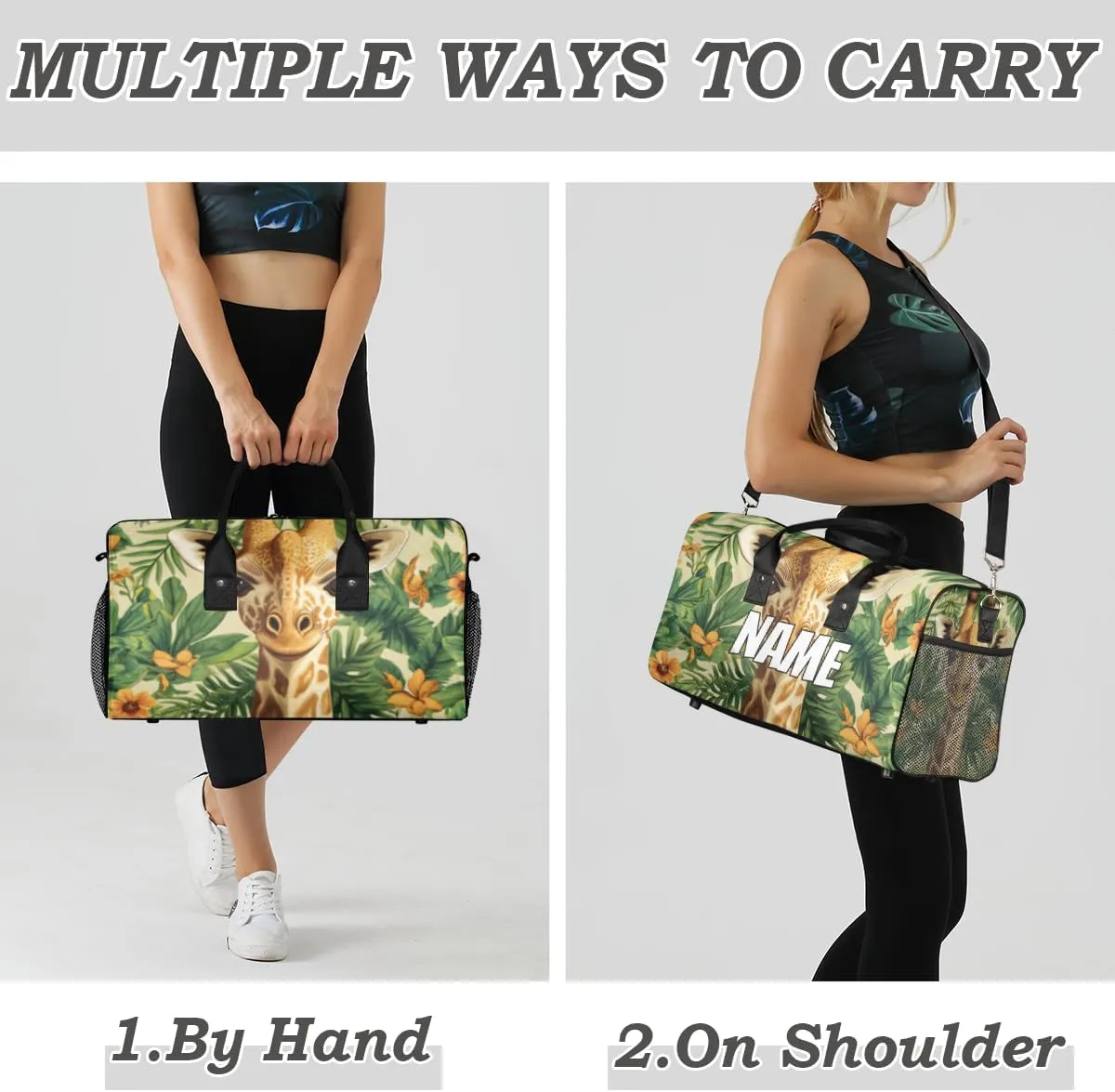 Personalized Jungle Giraffe Travel Duffel Bag with Name, Custom Gym Sport Bag Green Leaves Carry On Weekend Overnight Duffel Bag for Men Women