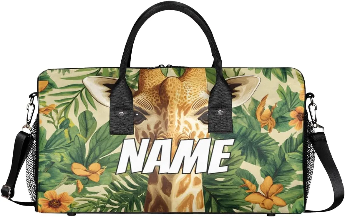 Personalized Jungle Giraffe Travel Duffel Bag with Name, Custom Gym Sport Bag Green Leaves Carry On Weekend Overnight Duffel Bag for Men Women