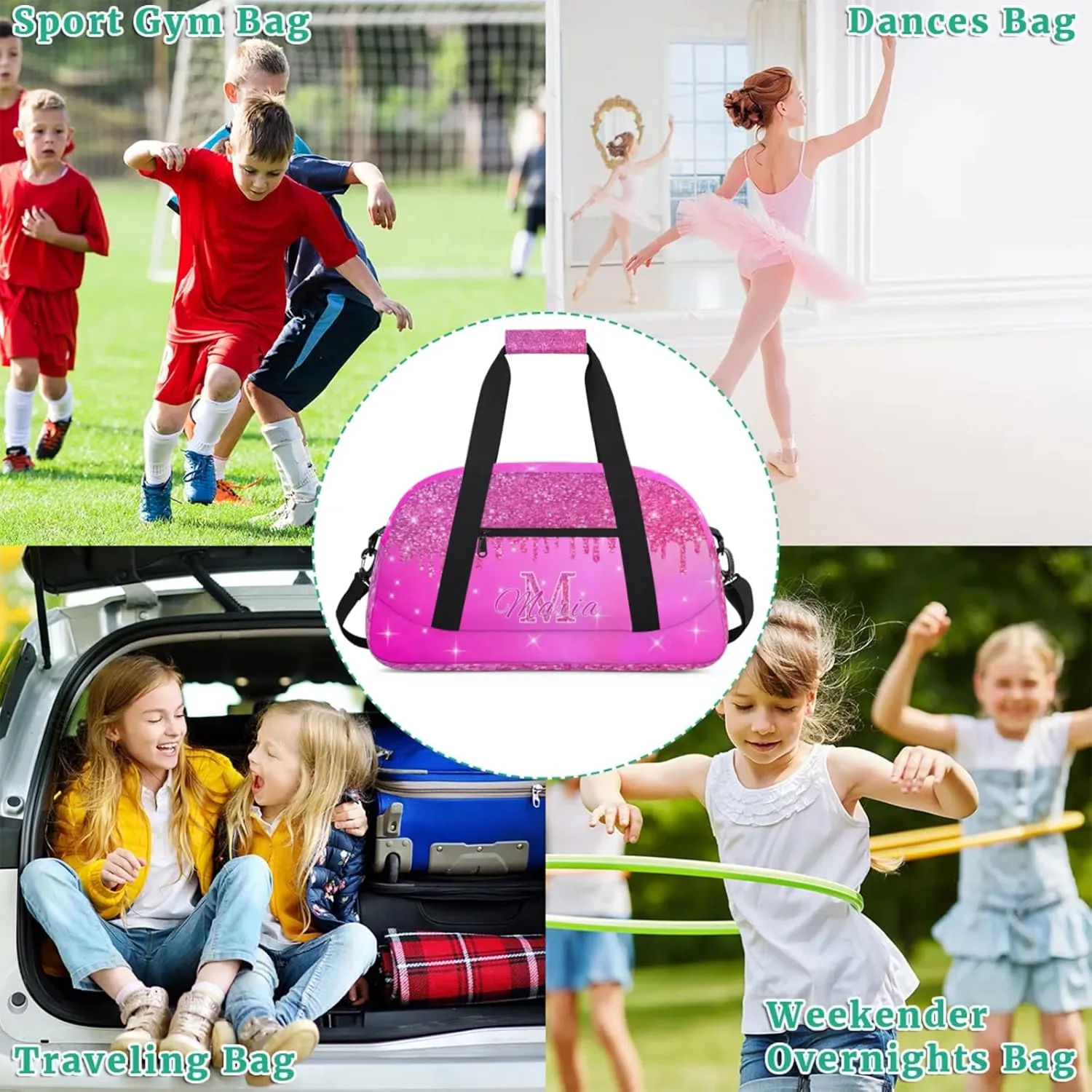 Personalized Kids Sports Duffel Bag with Name Custom Gym Dance Bag for Boys Girls Waterproof Weekender Overnight Bag for Travel Cheerleading Gymnastics Rose Color