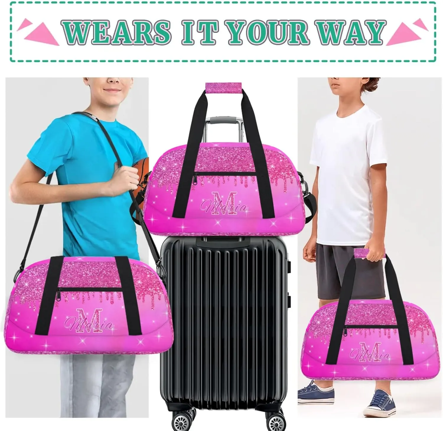 Personalized Kids Sports Duffel Bag with Name Custom Gym Dance Bag for Boys Girls Waterproof Weekender Overnight Bag for Travel Cheerleading Gymnastics Rose Color