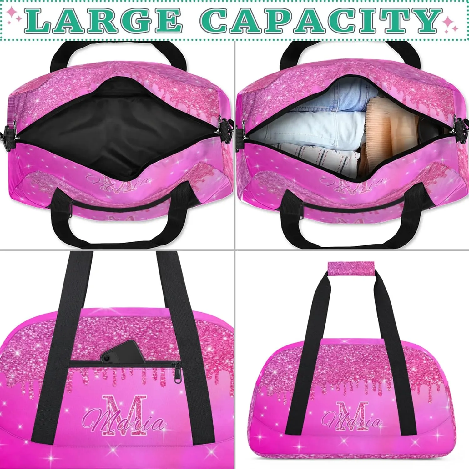 Personalized Kids Sports Duffel Bag with Name Custom Gym Dance Bag for Boys Girls Waterproof Weekender Overnight Bag for Travel Cheerleading Gymnastics Rose Color