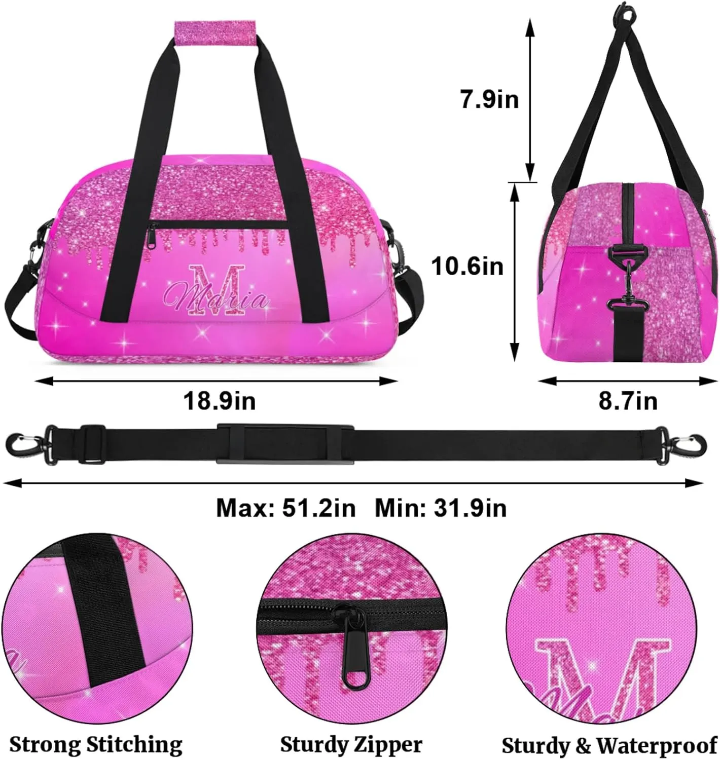 Personalized Kids Sports Duffel Bag with Name Custom Gym Dance Bag for Boys Girls Waterproof Weekender Overnight Bag for Travel Cheerleading Gymnastics Rose Color