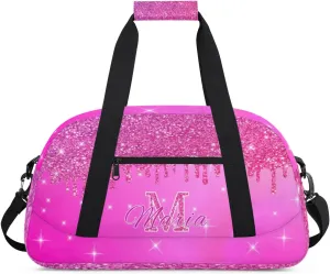 Personalized Kids Sports Duffel Bag with Name Custom Gym Dance Bag for Boys Girls Waterproof Weekender Overnight Bag for Travel Cheerleading Gymnastics Rose Color