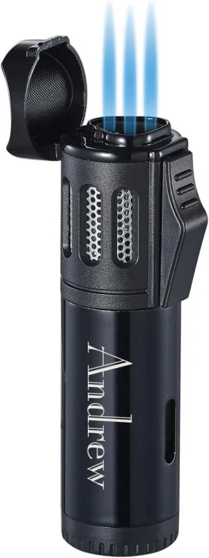Personalized Visol Affordable Black Triple Flame Refillable Butane Gas Lighter, Multi Function, Pocket Sized Lighter with Free Engraving (Shipped Without Butane) (Artemis)