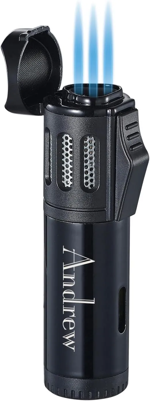 Personalized Visol Affordable Black Triple Flame Refillable Butane Gas Lighter, Multi Function, Pocket Sized Lighter with Free Engraving (Shipped Without Butane) (Artemis)